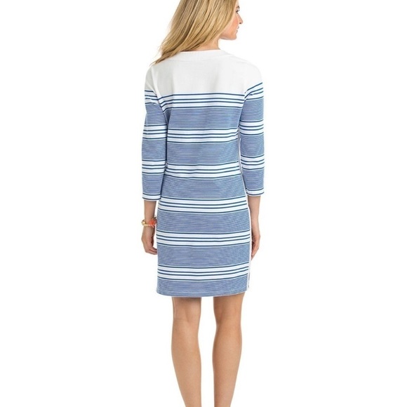 Vineyard Vines Blue White 3/4 Sleeve Striped Cotton Blend Lace Up Dress - Picture 5 of 14